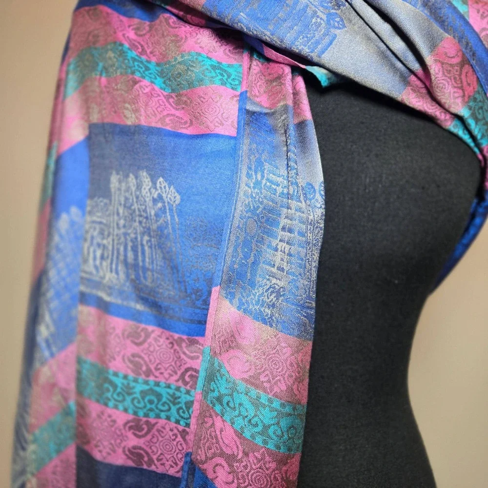 Unbranded Silk Shawl Women OS Blue Pink Excellent Angkor Wat Cambodia Scarf Wrap